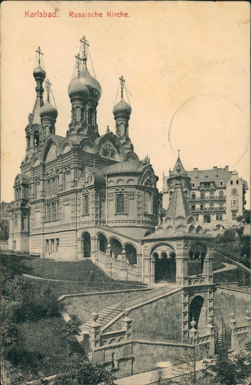 vergrößern: Bildseite historische Ansichtskarte von 1913: Russisch-Orthodoxe Kirche Aufgang:: Karlsbad