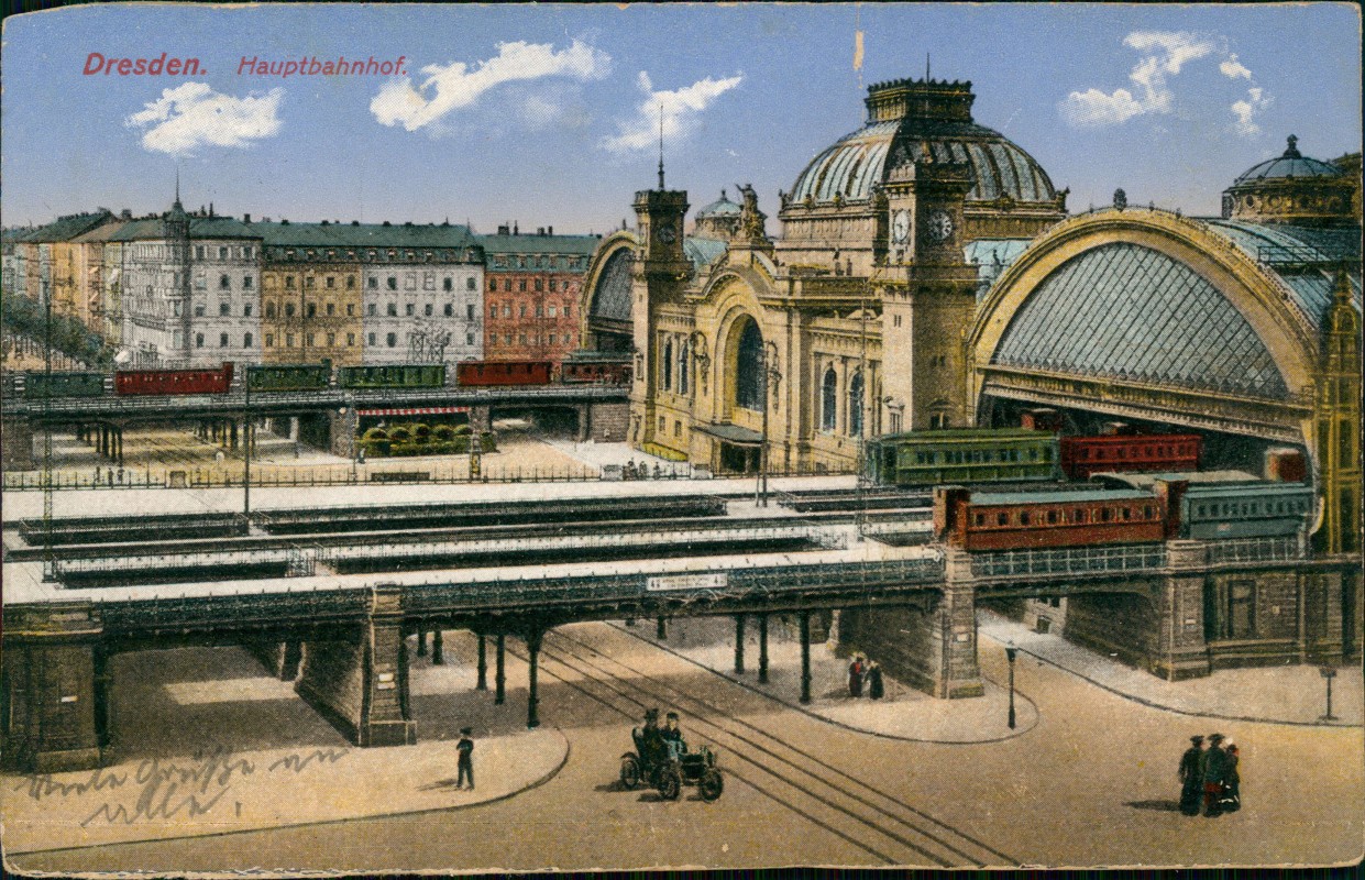 zoom: Image side vintage Postcard from 1912: Hauptbahnhof Häuserzeile:: Seevorstadt-Dresden