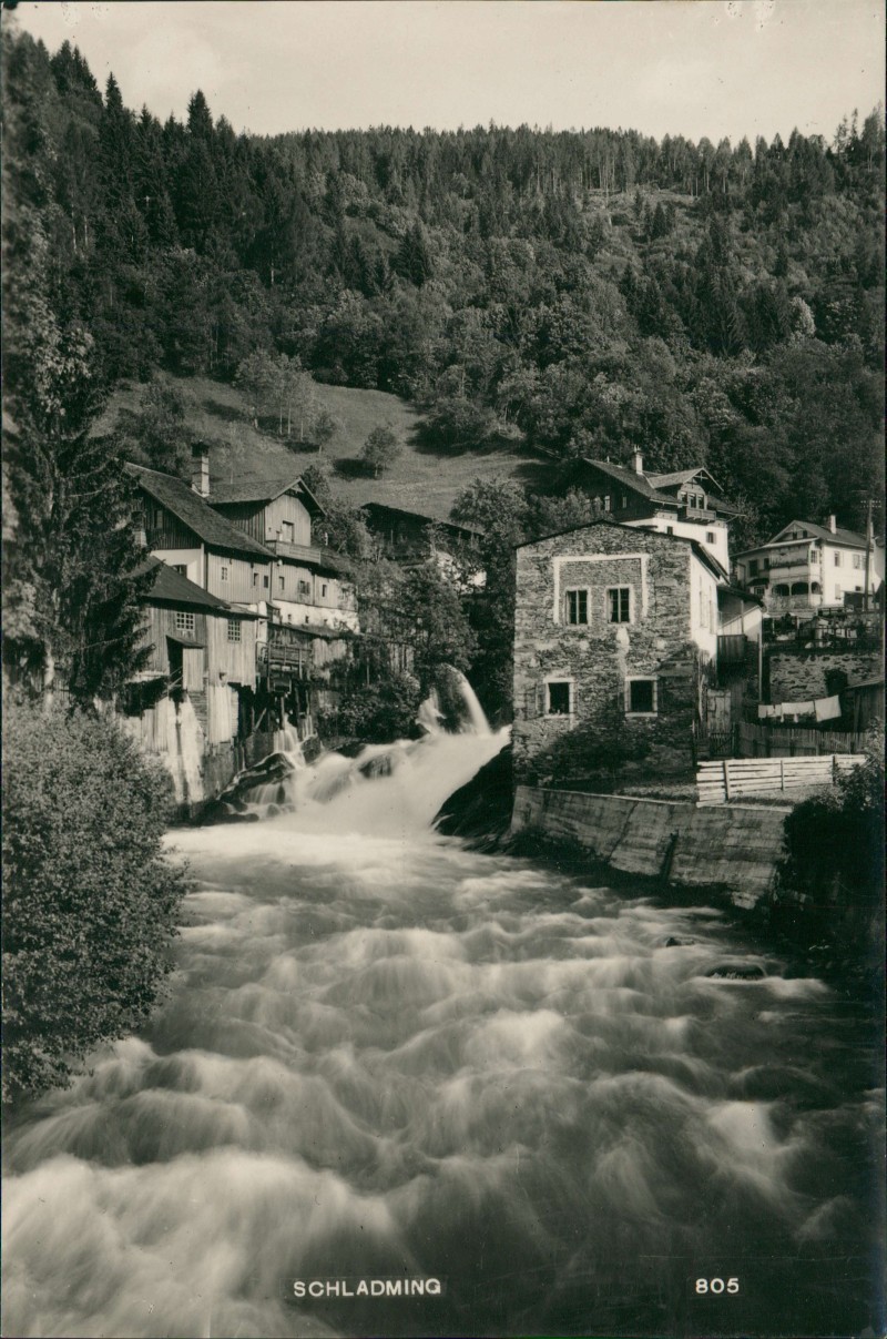 zoom: Image side vintage Postcard from 1937: Stadtpartie Fluß Fotokarte:: Schladming