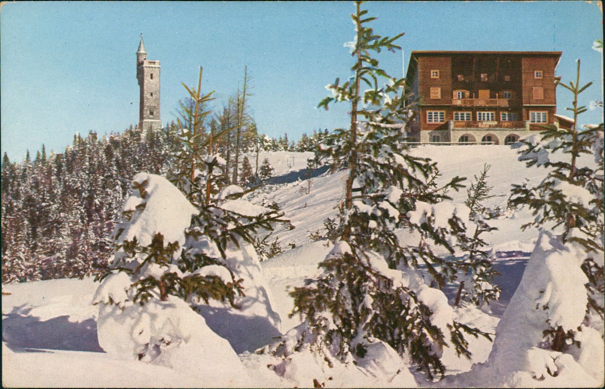 vergrößern: Bildseite historische Ansichtskarte von 1919: Berghotel Bürgeralpe Aussichtswarte im Winter:: Mariazell