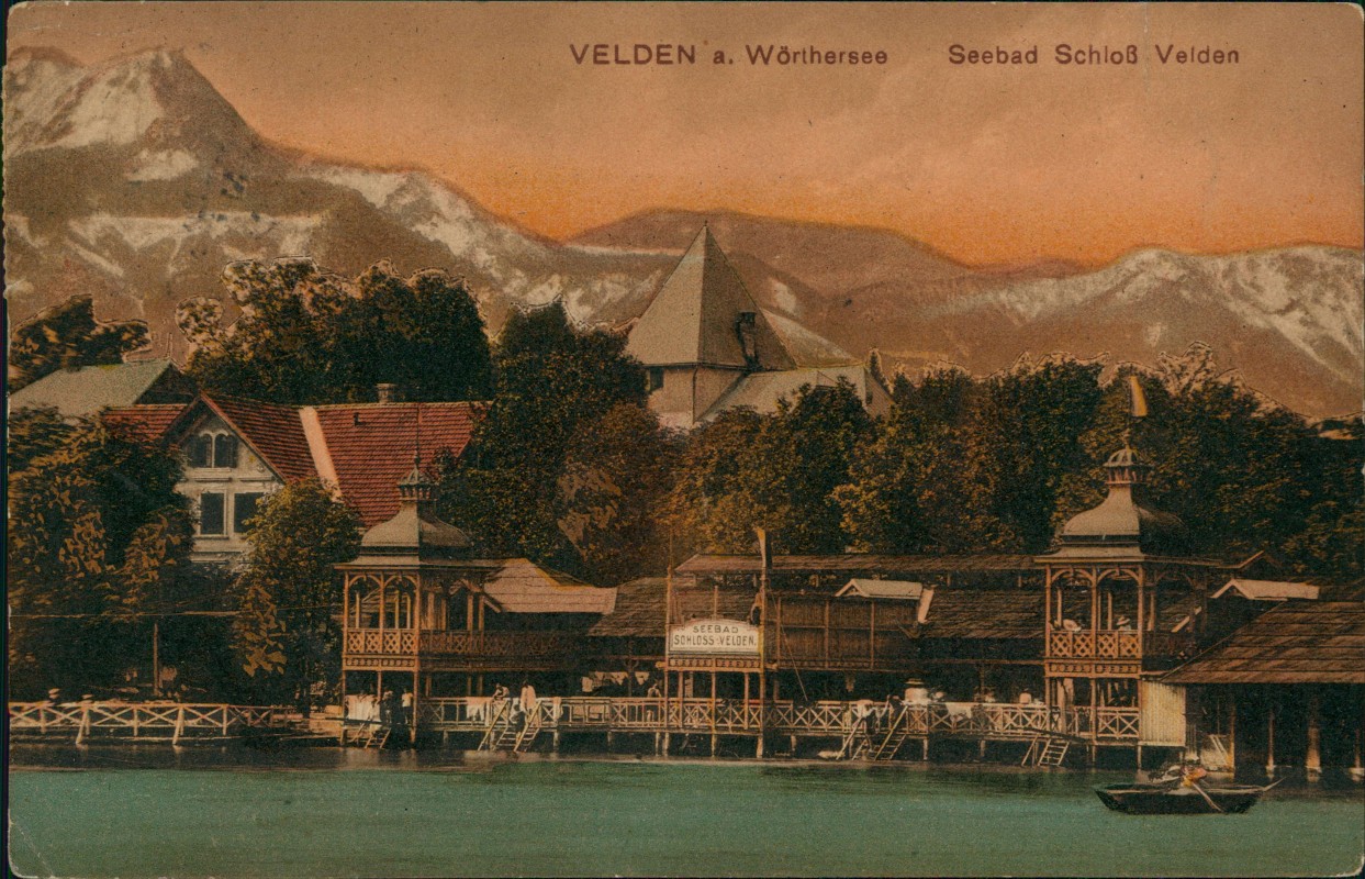 vergrößern: Bildseite historische Ansichtskarte von 1914: Seebad Schloß Velden Hotel:: Velden am Wörther See