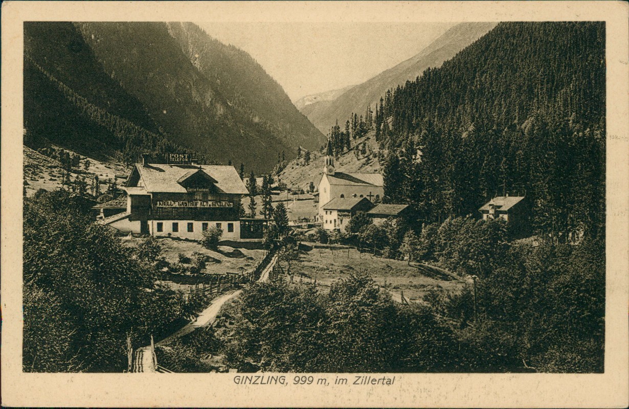 vergrößern: Bildseite historische Ansichtskarte von 1919: Stadtpartie Zillertal Gasthof:: Ginzling-Mayrhofen