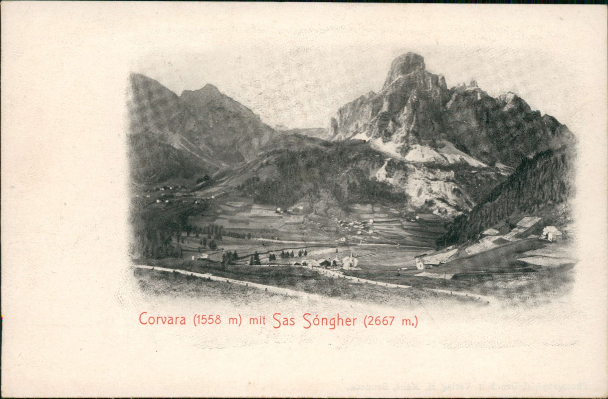 zoom: Image side vintage Postcard from 1906: mit Sas Sóngher 2667 m.:: Corvara