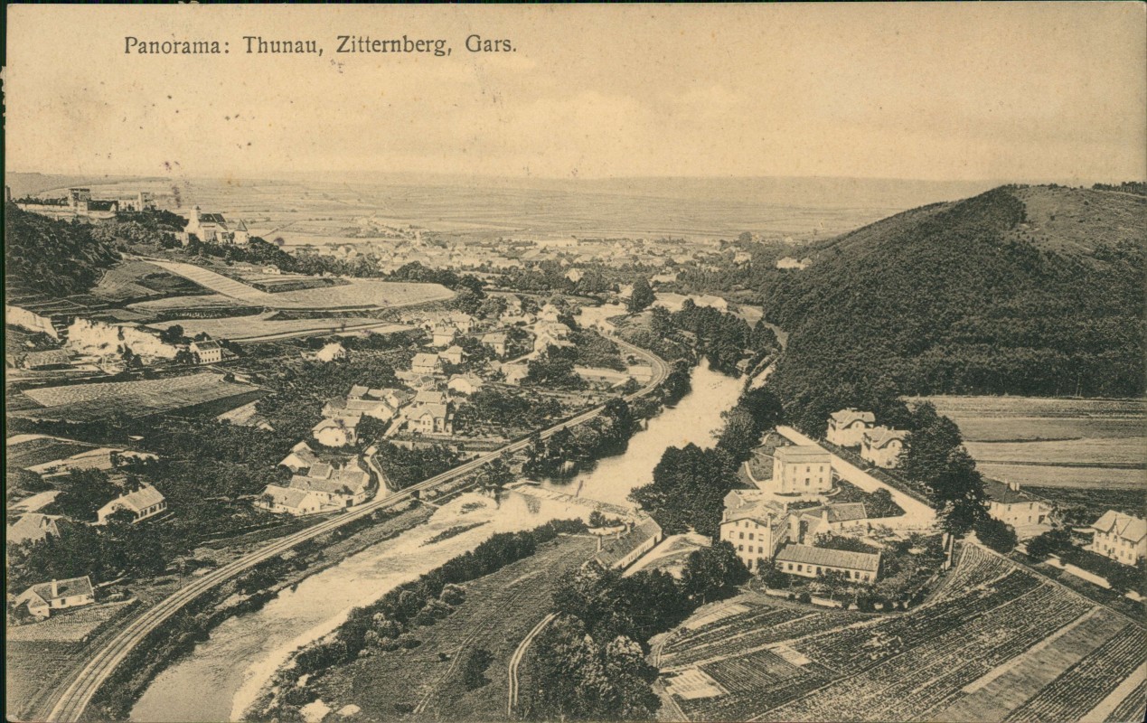 vergrößern: Bildseite historische Ansichtskarte von 1914: Panorama: Thunau, Zitternberg:: Gars am Kamp