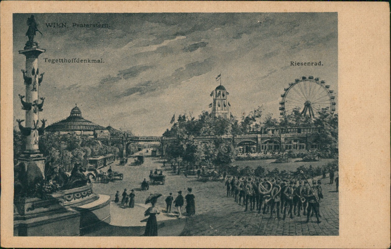 zoom: Image side vintage Postcard from 1918: Prater Riesenrad Straße Orchester:: Vienna
