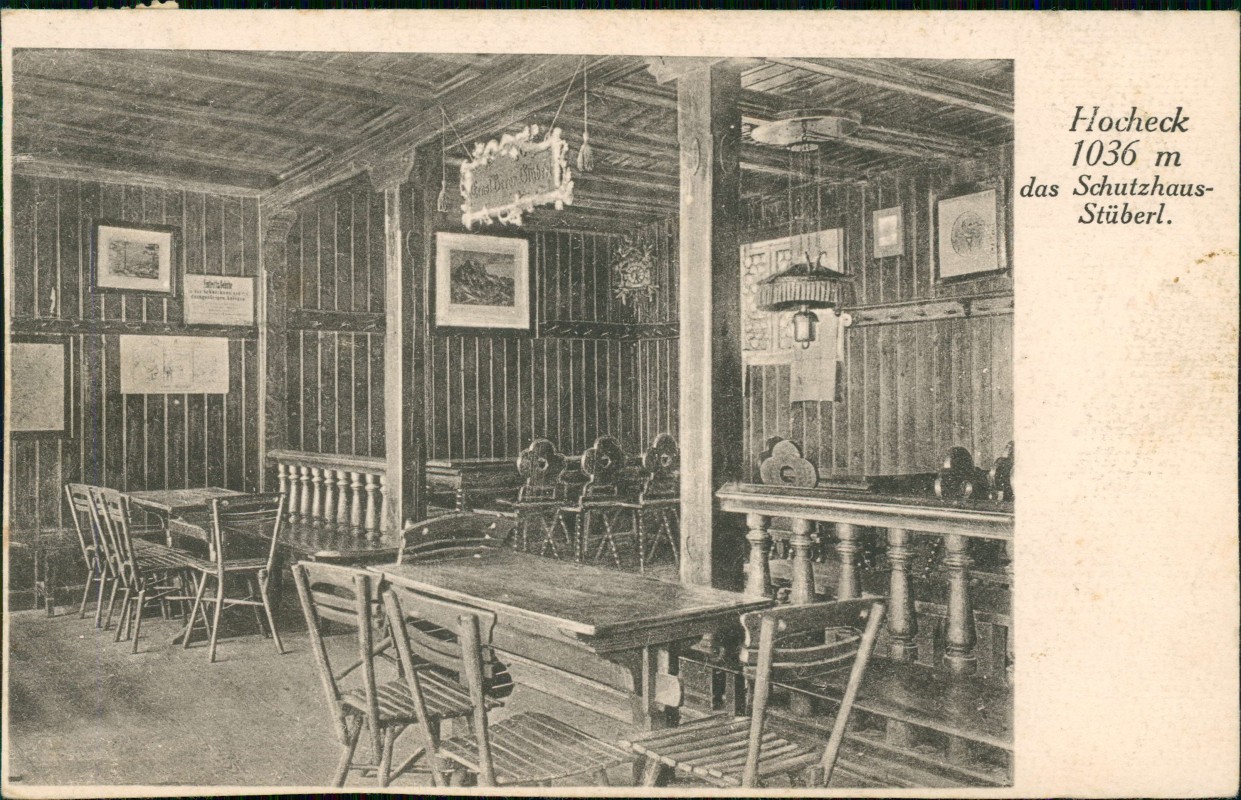 zoom: Image side vintage Postcard from 1926: Hocheck 1036 m das Schutzhaus-Stüberl Triestingtal:: .Österreich