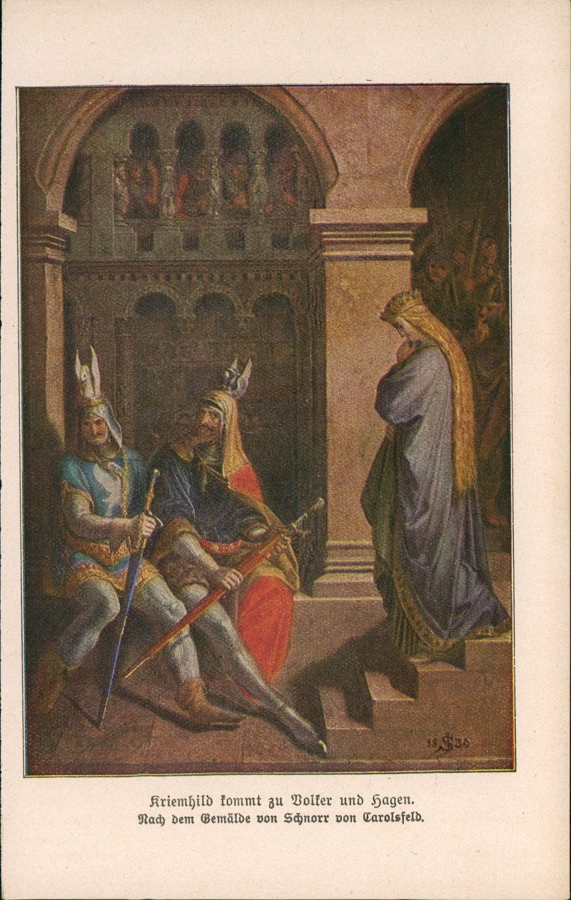 zoom: Image side vintage Postcard from 1910: Kriemhild kommt zu Volker und Hagen, Nibelungensage::