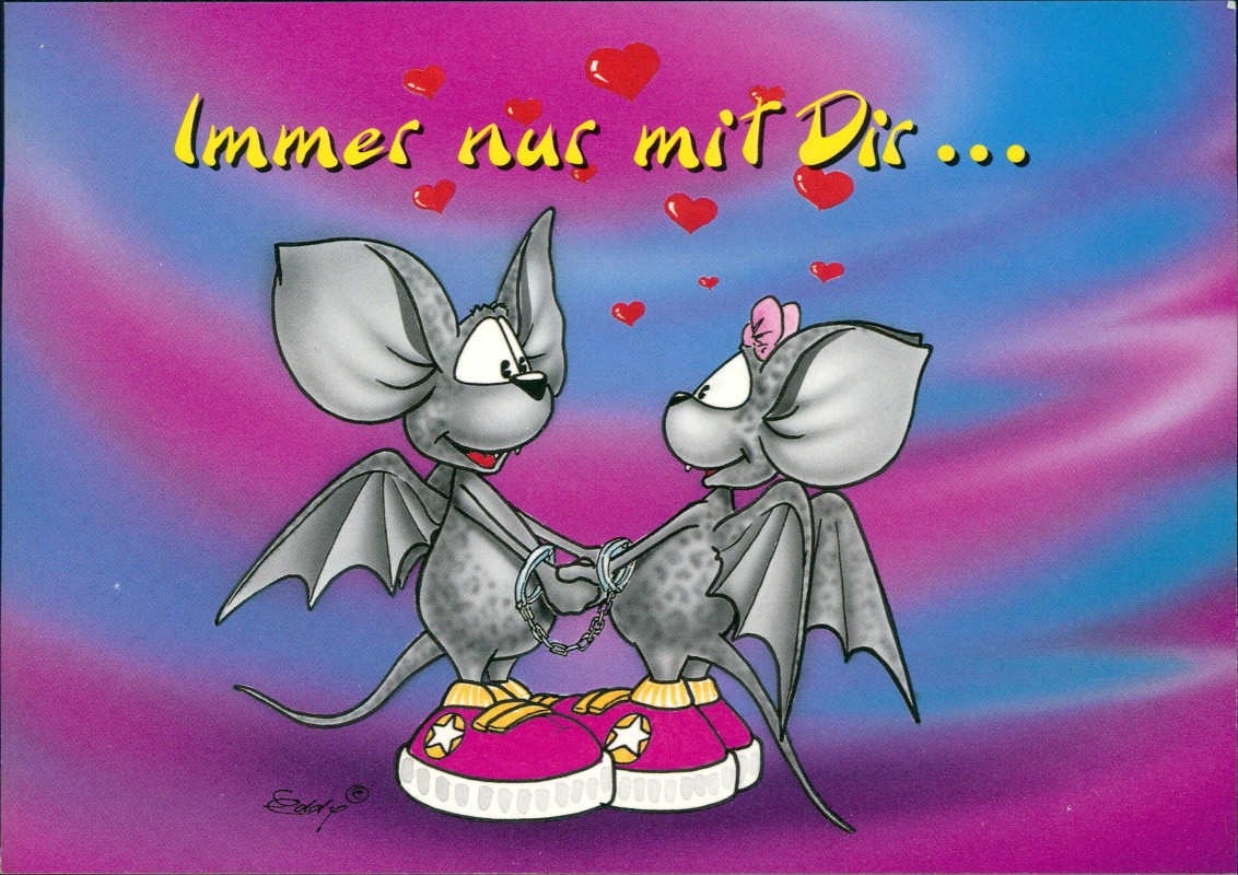 zoom: Image side vintage Postcard from 2000: Comic-Postkarte: Zwei Mäuse mit Flügeln und Handschellen - Immer nur mit Dir::
