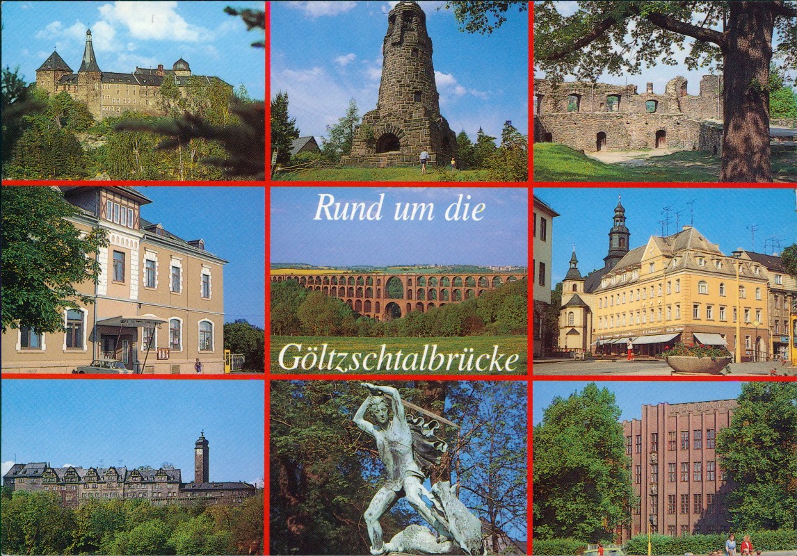 vergrößern: Bildseite historische Ansichtskarte von 1985: Rund um die Göltzschtalbrücke (Mehrbildkarte mit 9 Ansichten):: Elsterberg (Vogtland)