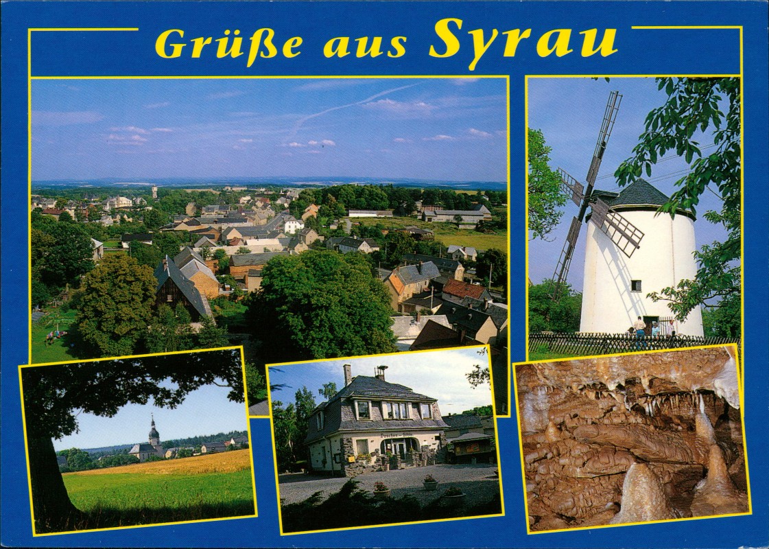 zoom: Image side vintage Postcard from 1995: Mehrbildkarte Syrau mit Drachenhöhle und Windmühle:: Syrau (Vogtland)