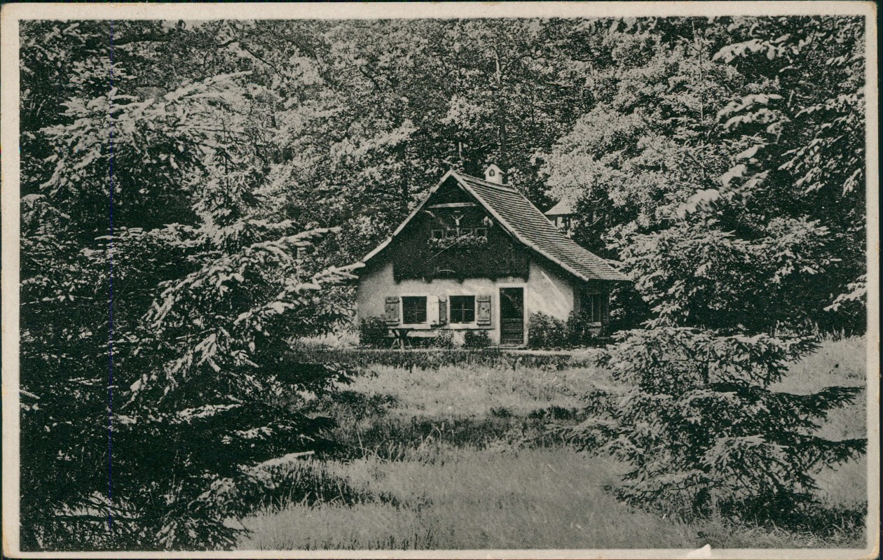 vergrößern: Bildseite historische Ansichtskarte von 1915: Waldhütte im Forst::