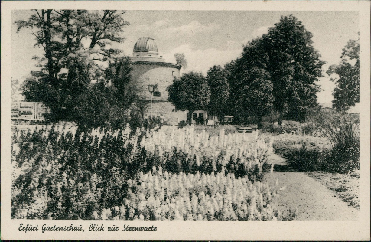 zoom: Image side vintage Postcard from 1953: Gartenschau mit Blick zur Sternwarte:: Erfurt