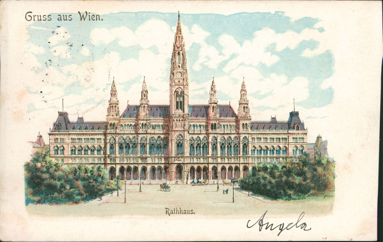 zoom: Image side vintage Postcard from 1900: Rathaus Lithografie:: Vienna