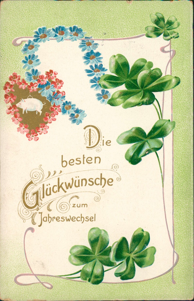 zoom: Image side vintage Postcard from 1906: Neujahr Sylvester New Year Glücksschwein Kleeblatt Gold::