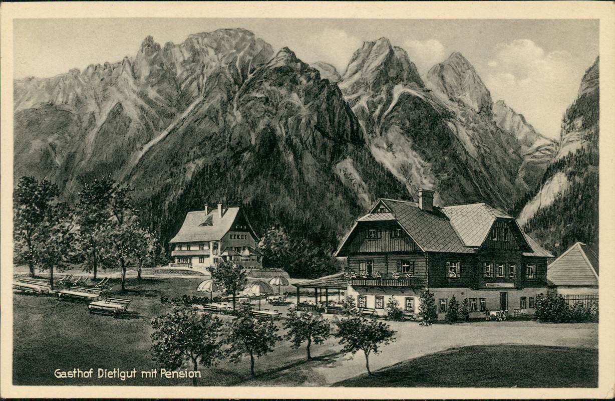 zoom: Image side vintage Postcard from 1932: Gasthof Dietelgut:: Hinterstoder