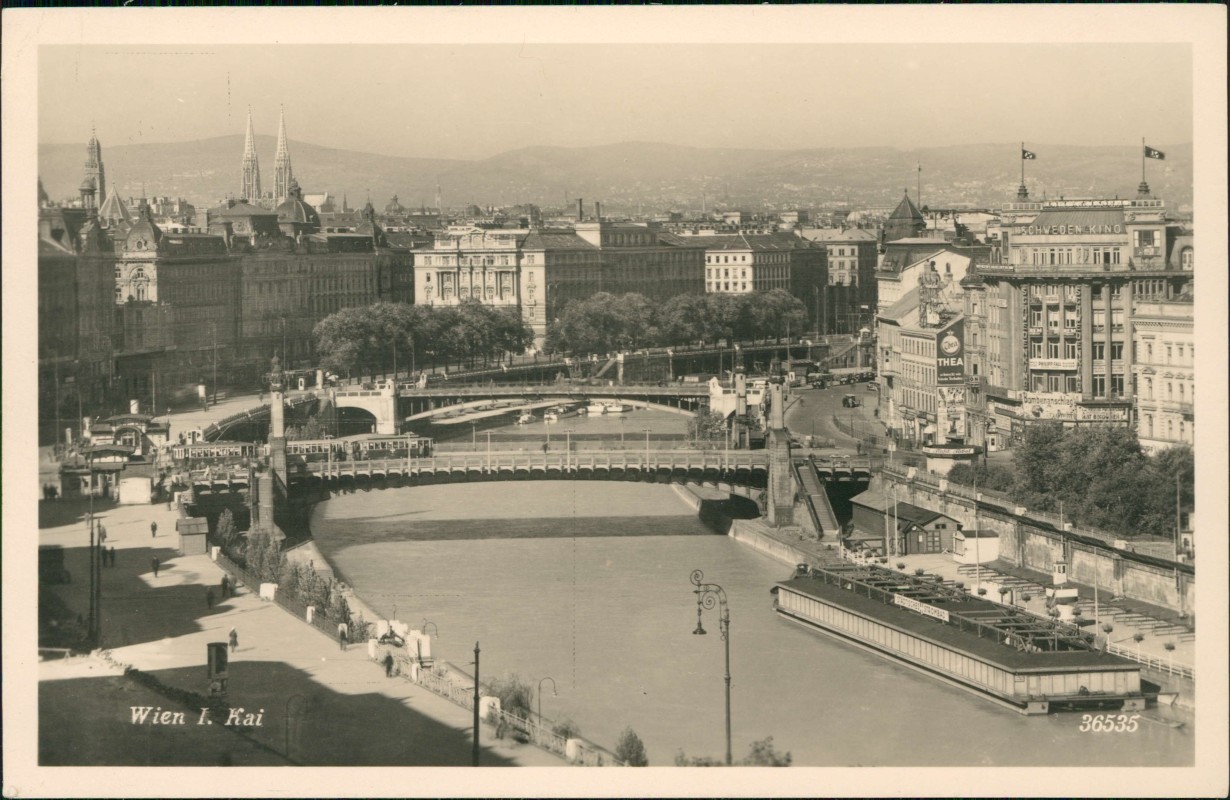 zoom: Image side vintage Postcard from 1934: I. Kai mit Flussbadeanstalt - Fotokarte:: Vienna