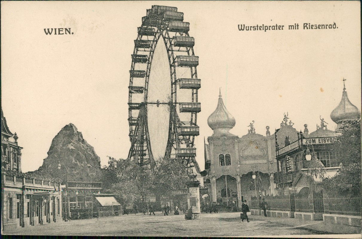 vergrößern: Bildseite historische Ansichtskarte von 1917: Wurstelprater mit Riesenrad.:: Wien