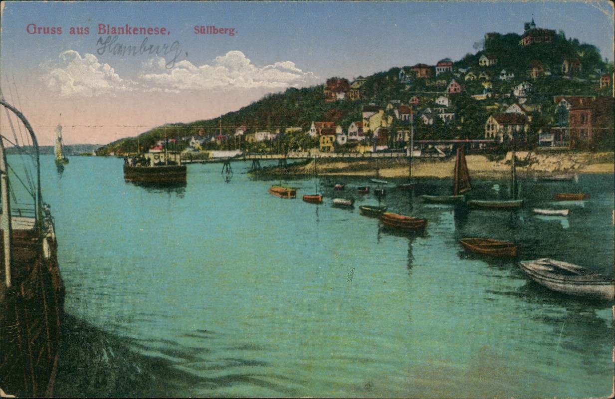 zoom: Image side vintage Postcard from 1914: Süllberg Strand Boote:: Blankenese-Hamburg