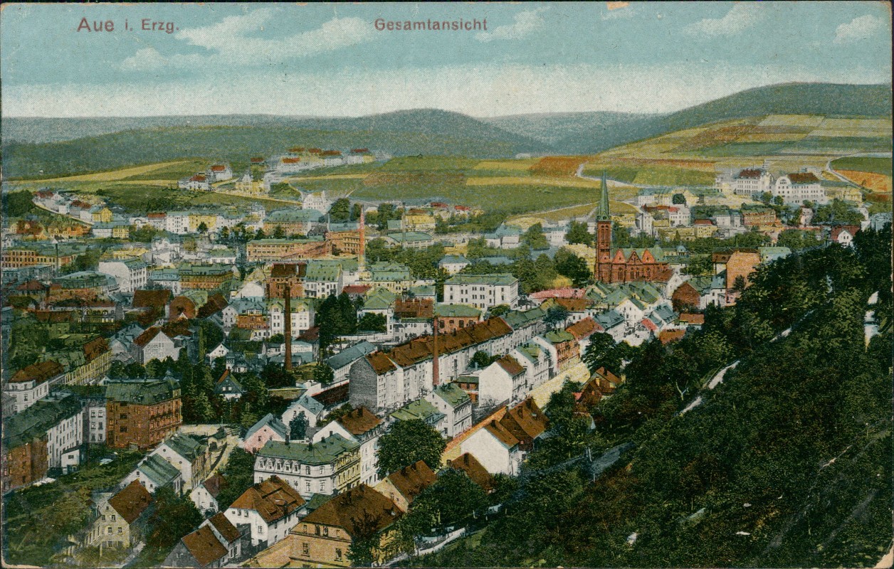 zoom: Image side vintage Postcard from 1913: Gesamtansicht:: Aue
