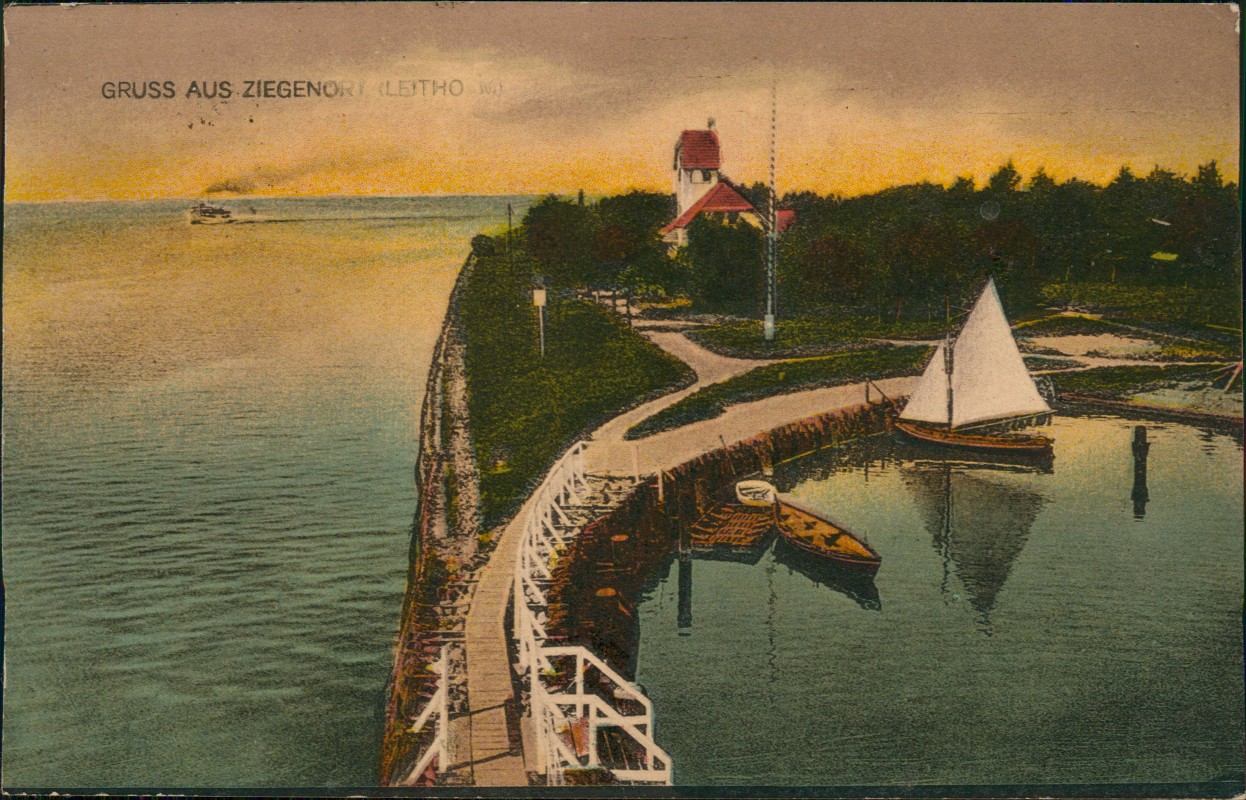 zoom: Image side vintage Postcard from 1922: Strand Hafen Leitho:: Trzebież
