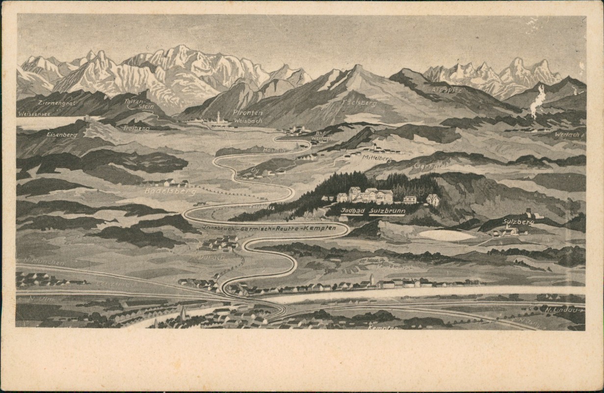 zoom: Image side vintage Postcard from 1916: Landkarten AK aus der Vogelschau:: Jodbad Sulzbrunn