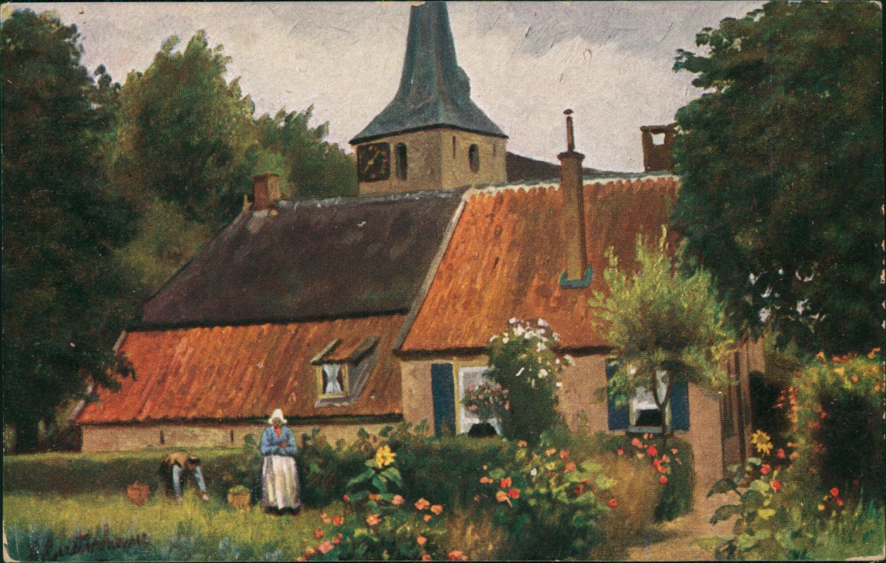 zoom: Image side vintage Postcard from 1915: Künstlerkarte Frau in Tracht vor Ort:: .Niederlande