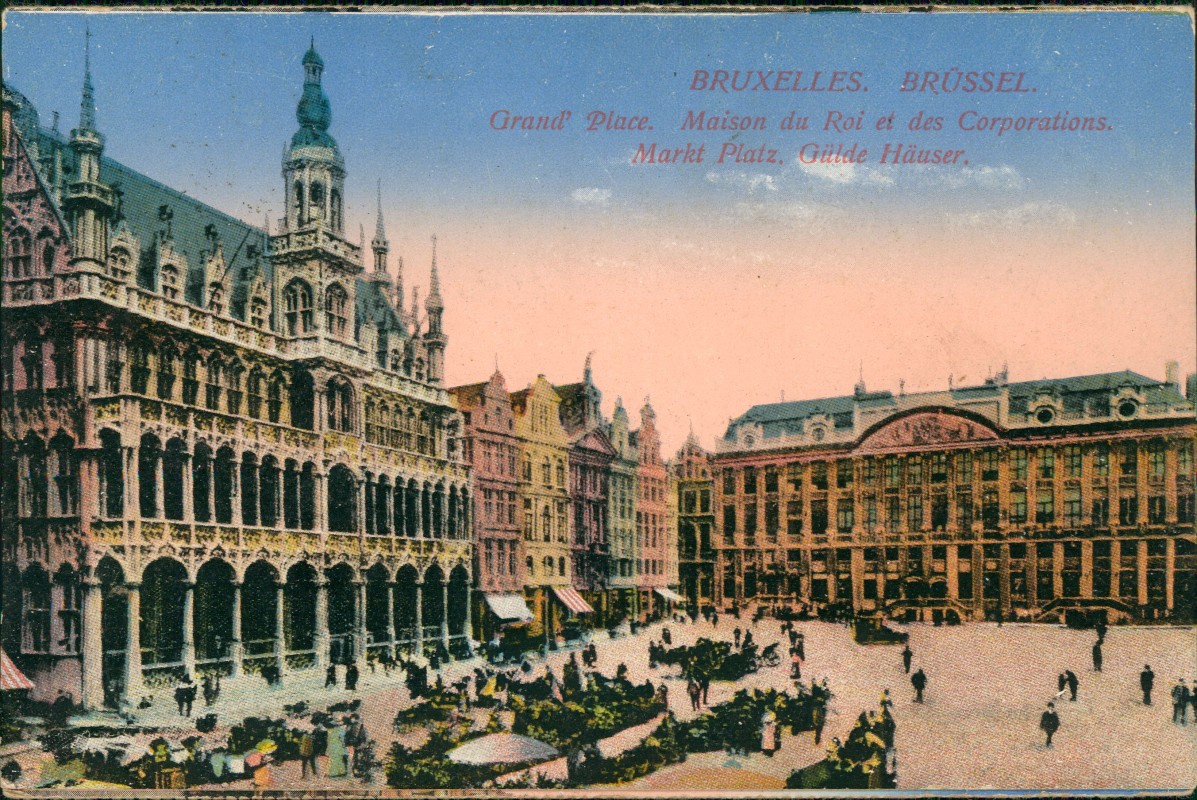 zoom: Image side vintage Postcard from 1915: Grand Place Markttreiben:: Brussels