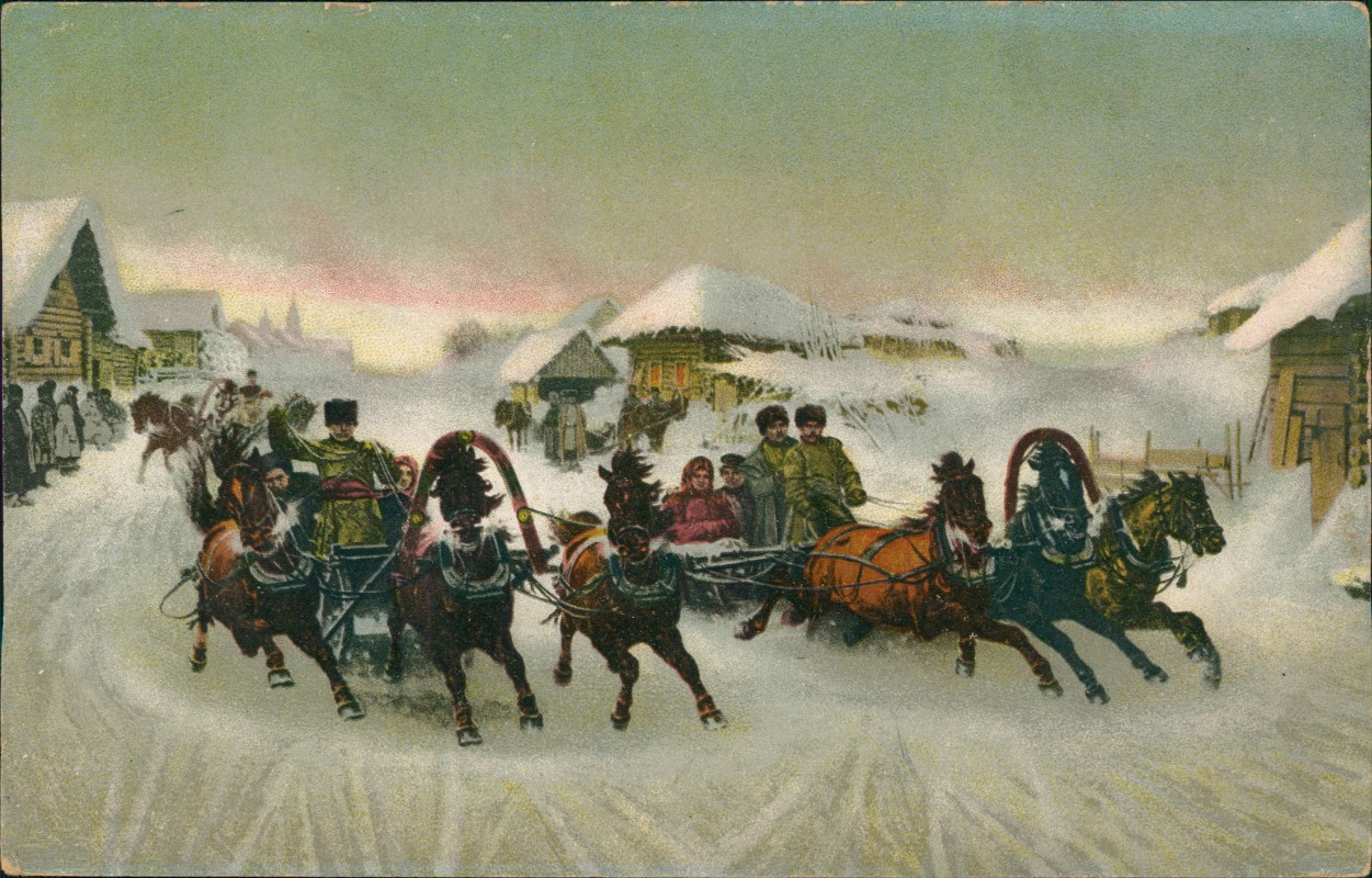 vergrößern: Bildseite historische Ansichtskarte von 1909: Rußland Россия Schlitten Dorfstraße Alexandre III:: .Russland