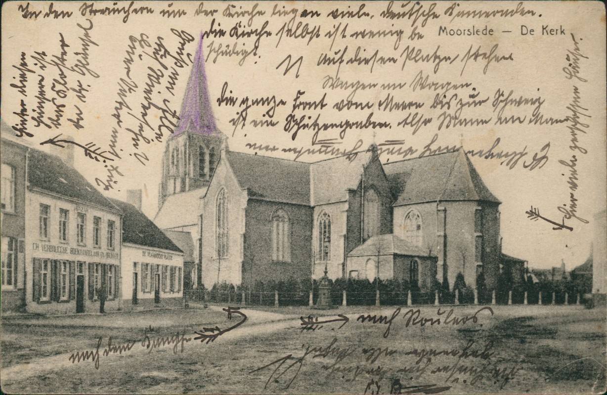 vergrößern: Bildseite historische Ansichtskarte von 1915: Kirche (De Kerk):: Moorslede