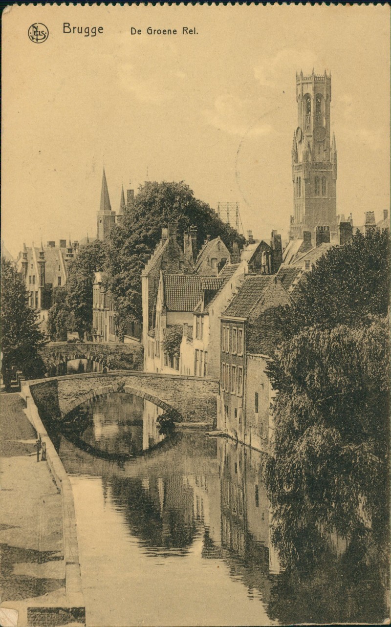 zoom: Image side vintage Postcard from 1917: Kanal De Groene Rei mit Belfried:: Bruges