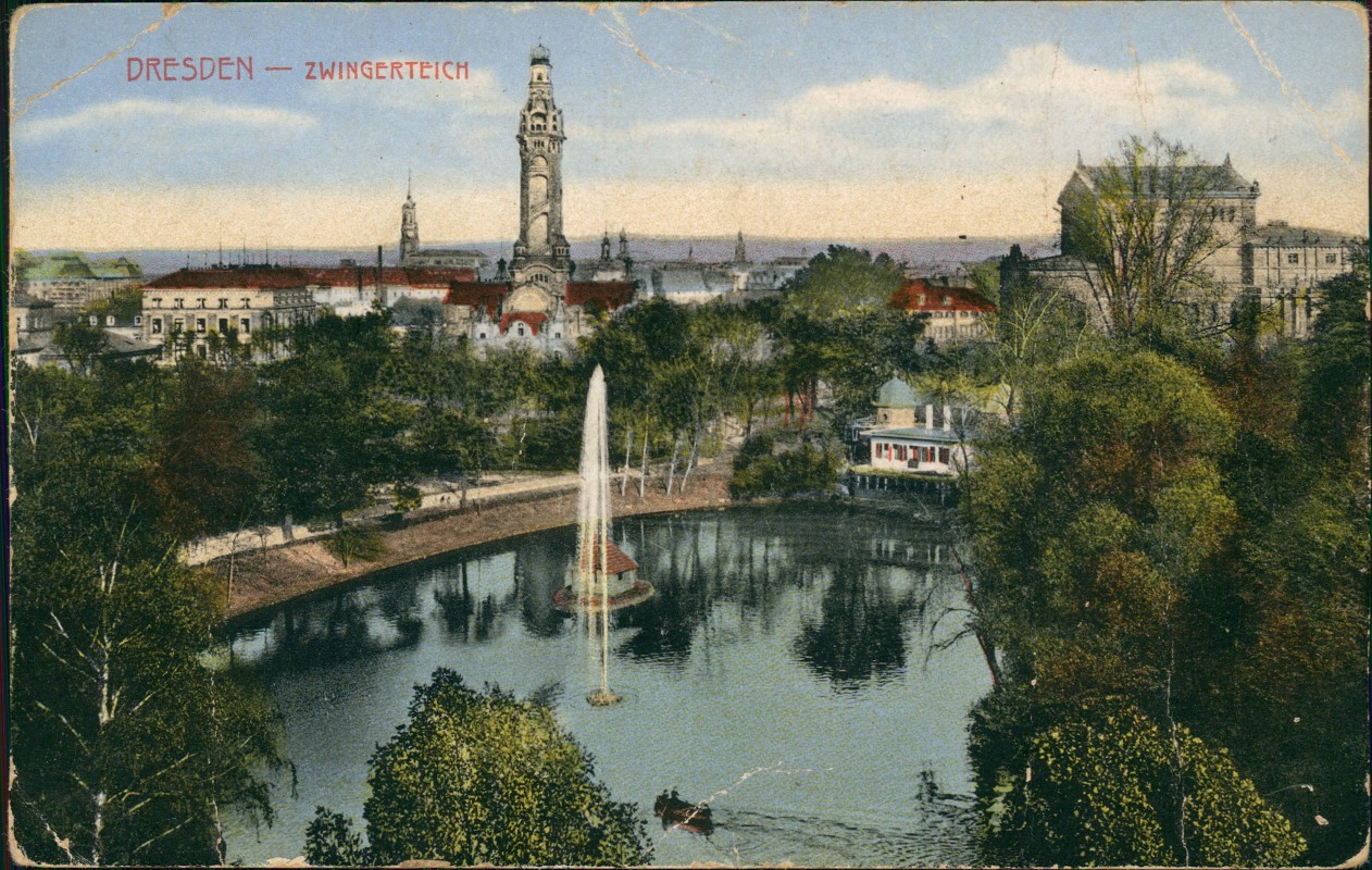 zoom: Image side vintage Postcard from 1915: Zwingerteich mit Fontäne und Parkanlage:: Innere Altstadt-Dresden