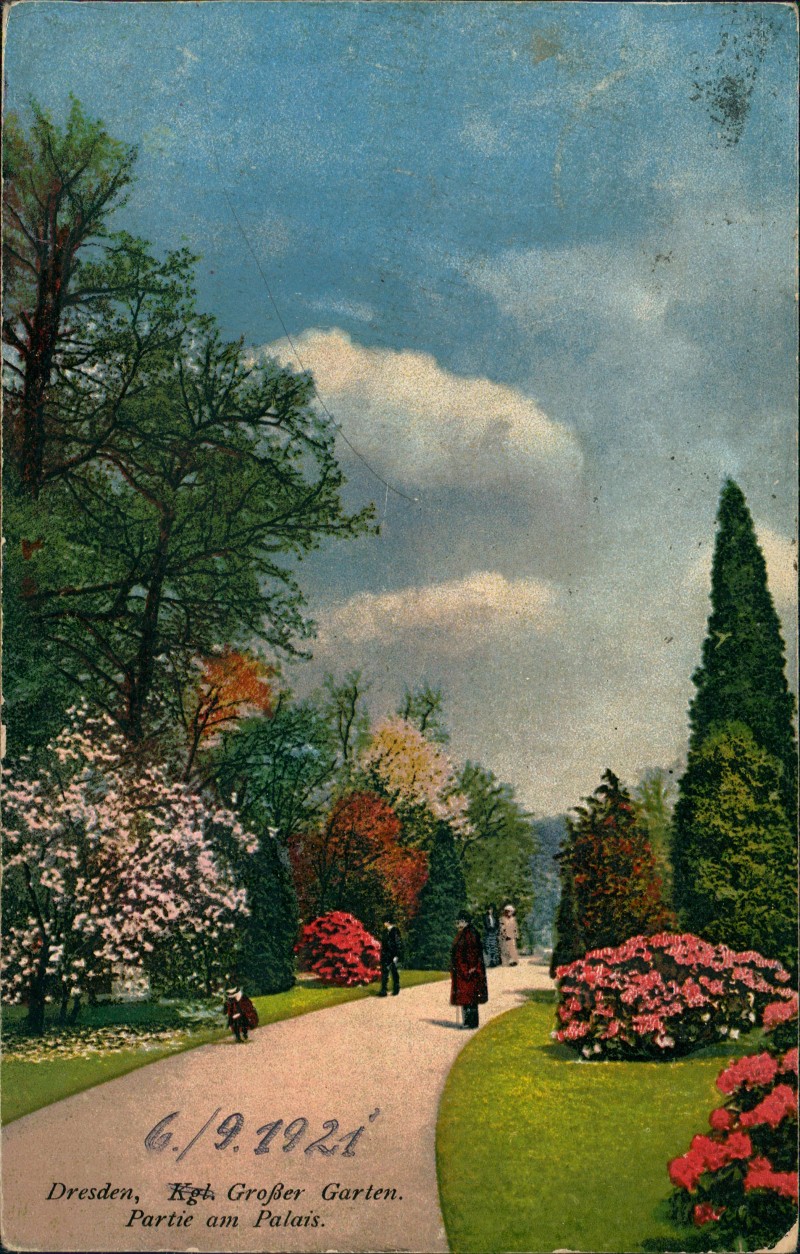 zoom: Image side vintage Postcard from 1921: Großer Garten.Partie am Palais Baumblüte:: Seevorstadt-Ost/Großer Garten-Dresden