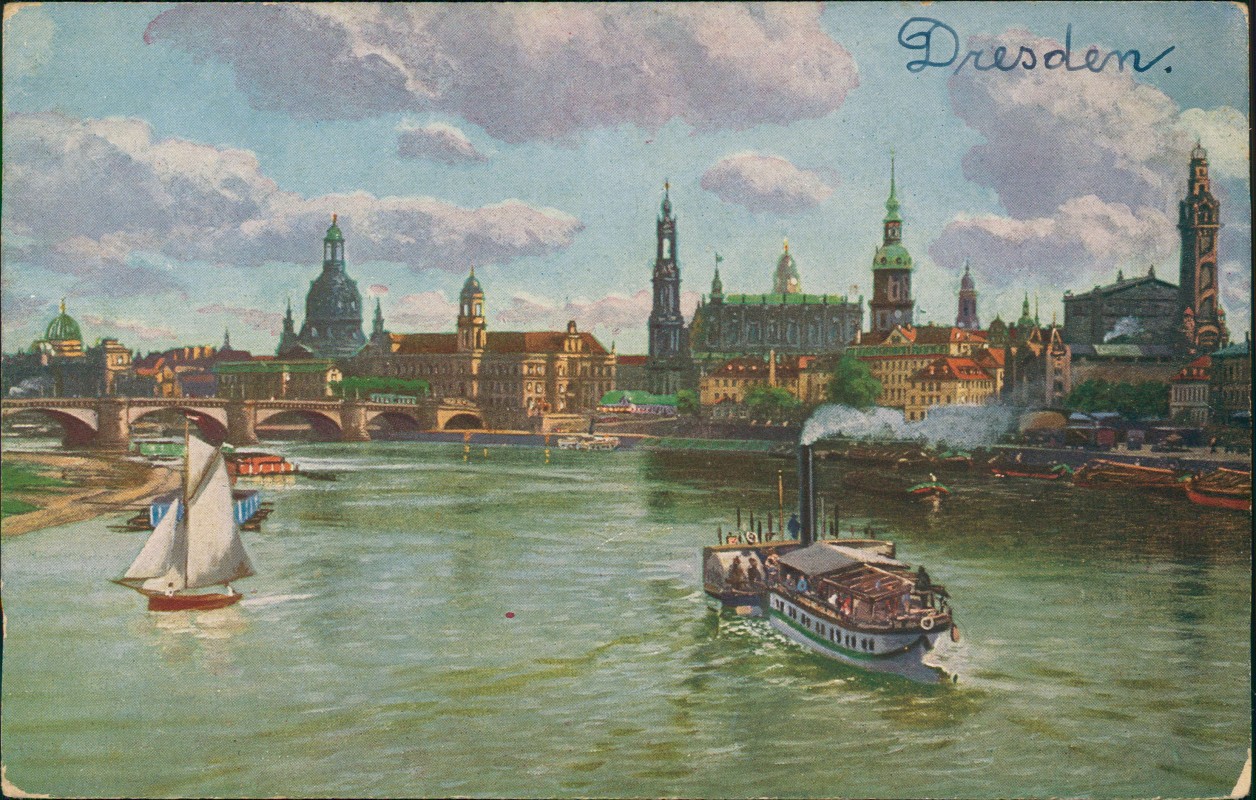 zoom: Image side vintage Postcard from 1905: Blick von der Marienbrücke auf die Altstadt mit Elbe und Dampfschiff, Heizkraftwerk:: Dresden