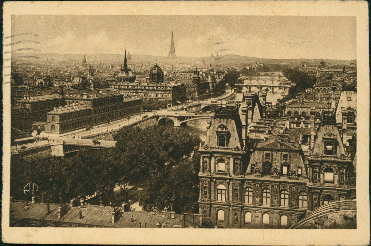zoom: Image side vintage Postcard from 1928: Paris - Panorama des Huit Ponts mit Eiffelturm:: Paris