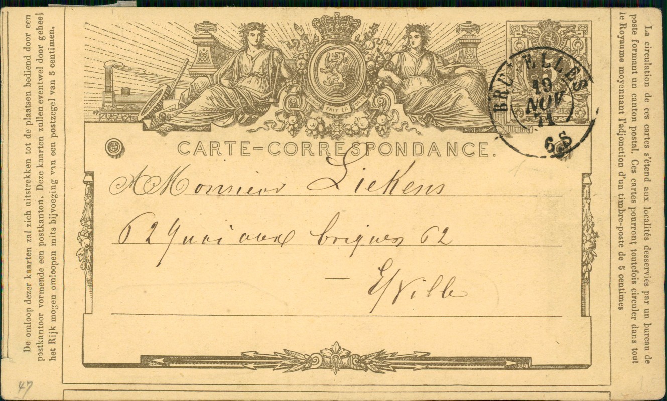 zoom: Image side vintage Postcard from 1871: Offizielle Ganzsachen-Postkarte mit belgischem Wappen::