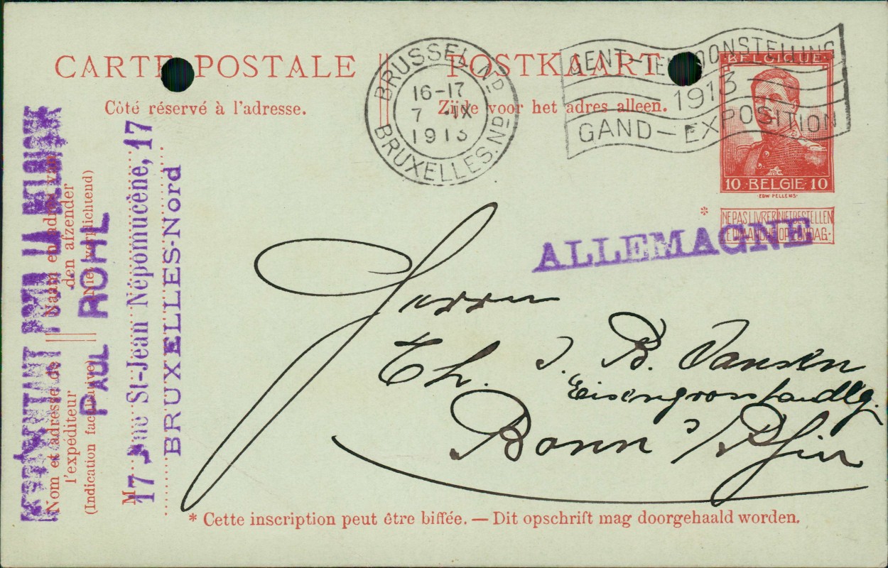 zoom: Image side vintage Postcard from 1913: Belgien Belgie 10 Ganzsachen-Postkarte, div. Stempel:: Belgien