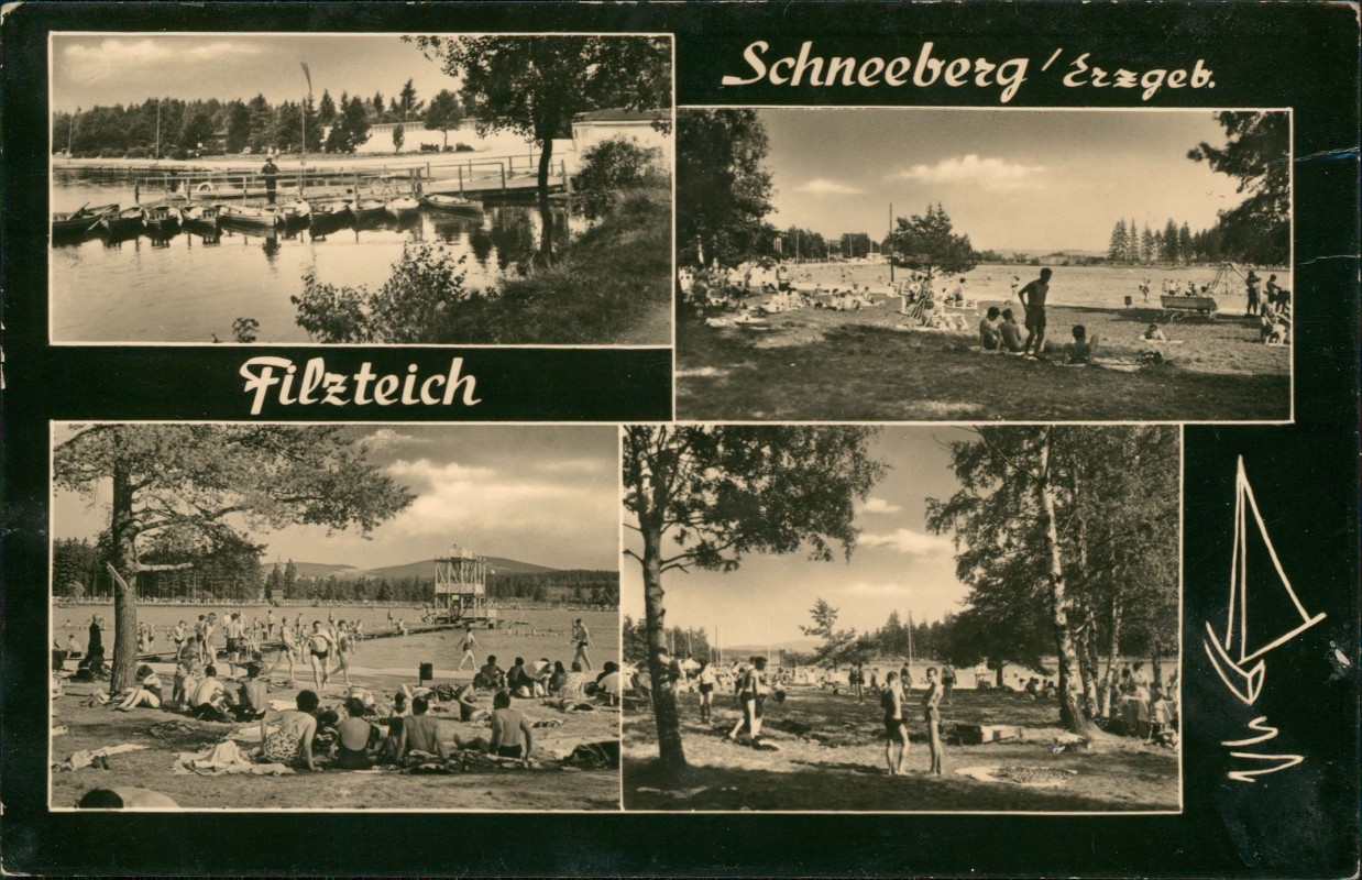 zoom: Image side vintage Postcard from 1975: Mehrbildkarte DDR Filzteich-Ansichten:: Schneeberg