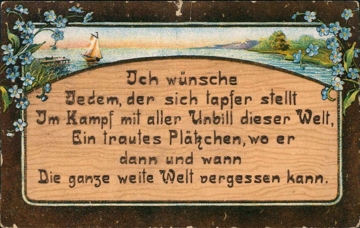 vergrößern: Bildseite historische Ansichtskarte von 1915: Spruchkarte mit Vergissmeinnicht und See-Vignette::
