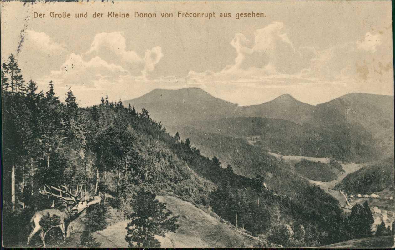 vergrößern: Bildseite historische Ansichtskarte von 1915: Blick auf den Großen und Kleinen Donon von Fréconrupt:: Schirmeck