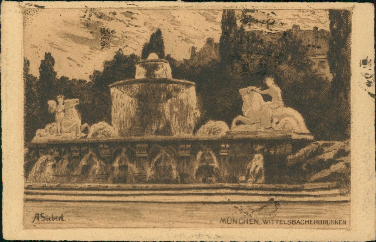 zoom: Image side vintage Postcard from 1918: Wittelsbacherbrunnen:: Munich