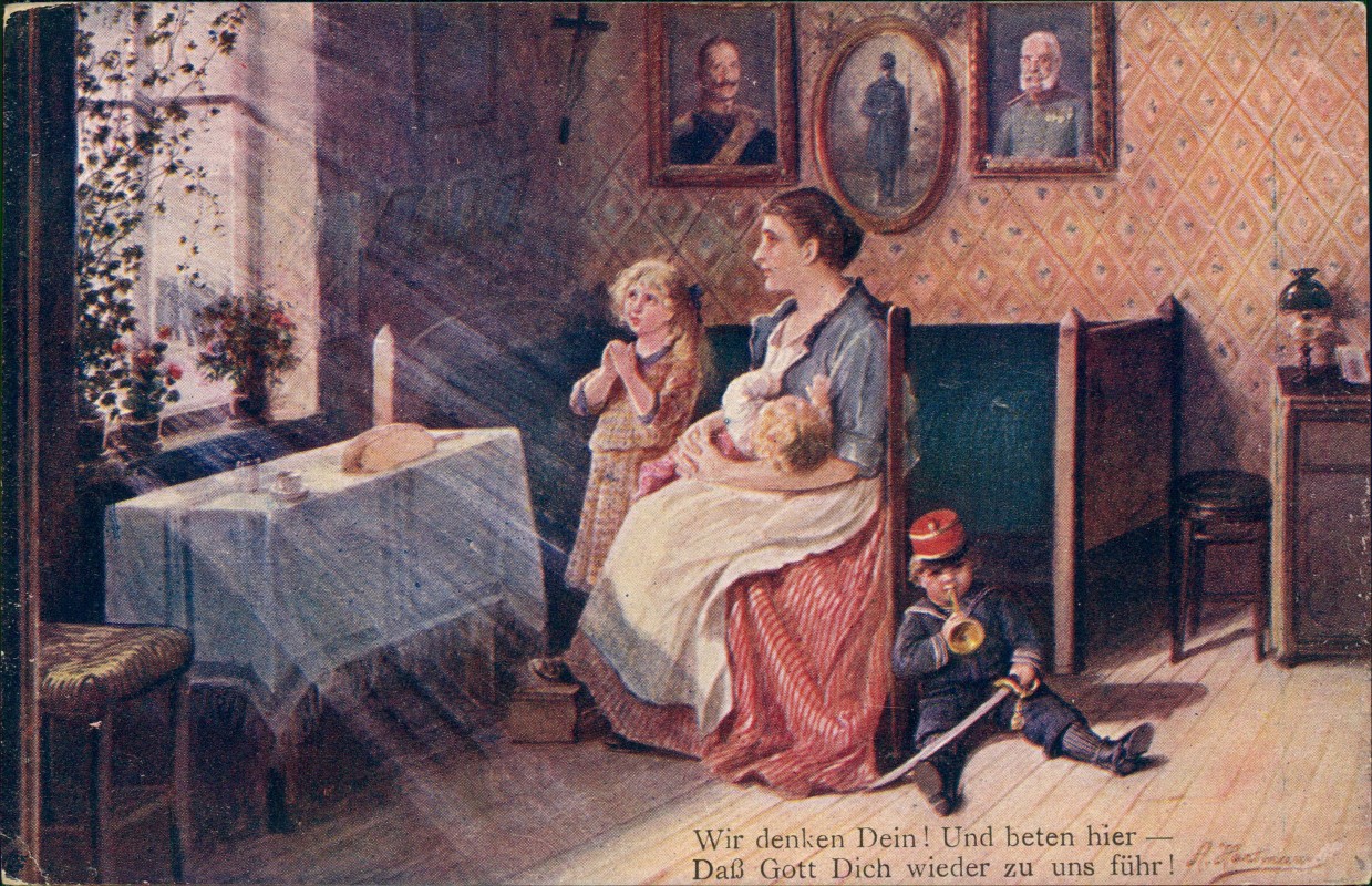 zoom: Image side vintage Postcard from 1915: Betende Familie Glaube Wir denken Dein - Lichtschein::