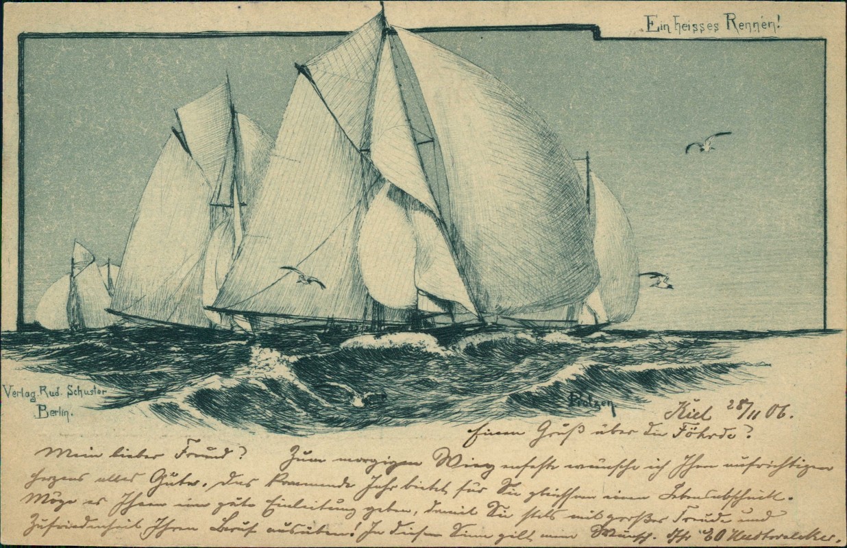 vergrößern: Bildseite historische Ansichtskarte von 1906: Schiffe Segelschiffe Künstlerkarte Ein heisses Rennen!::