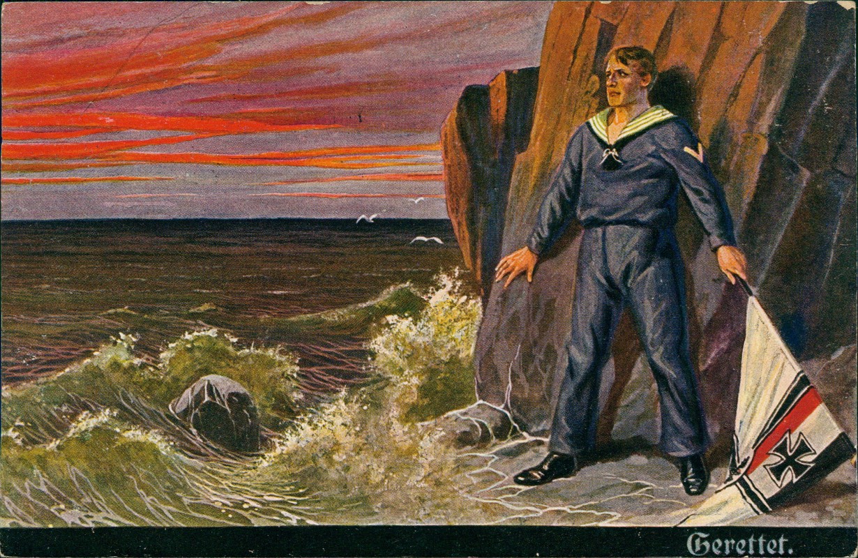 vergrößern: Bildseite historische Ansichtskarte von 1916: Schiff Kriegsschiff Marine Matrose - Gerettet Patriotika::