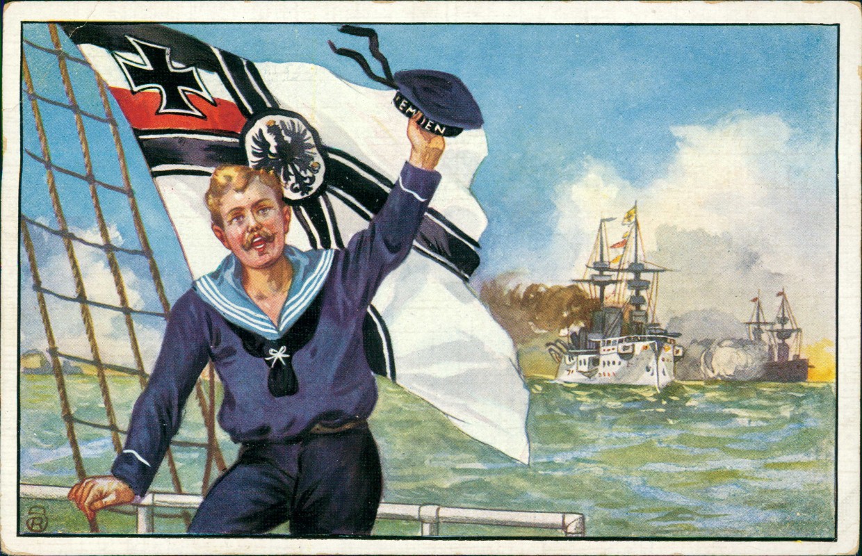 zoom: Image side vintage Postcard from 1916: Schiff Kriegsschiff Marine Matrose Patriotika Künstlerkarte::