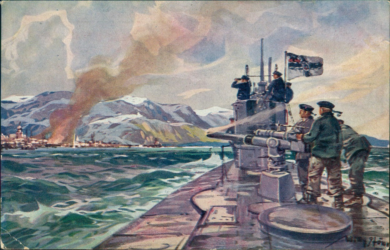 vergrößern: Bildseite historische Ansichtskarte von 1917: Schiff Kriegsschiff Marine Künstlerkarte Stöwer U-Boot schiesst::