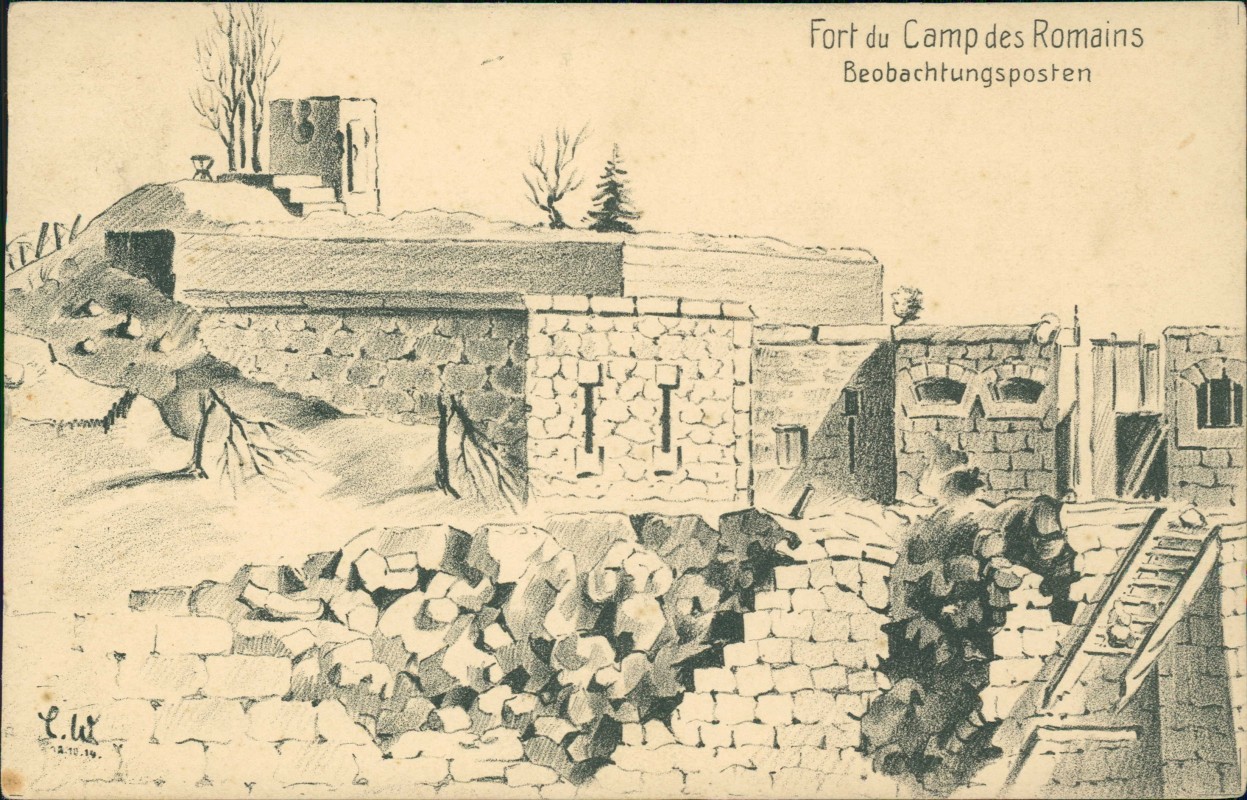 vergrößern: Bildseite historische Ansichtskarte von 1918: Camp de Romains Künstlerkarte:: Chênehutte-Trèves-Cunault