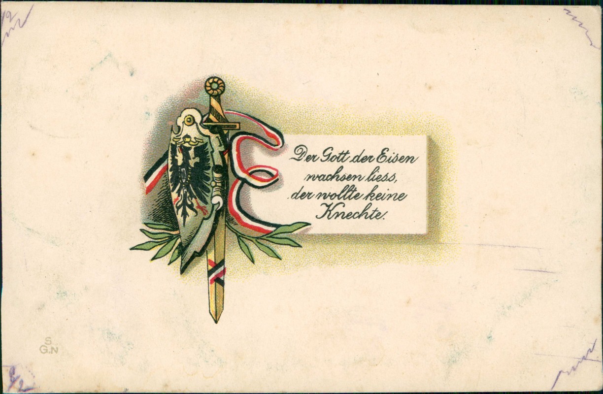 vergrößern: Bildseite historische Ansichtskarte von 1915: Patriotika Kaiserreich Schild und Schwert Der Gott der Eisen::
