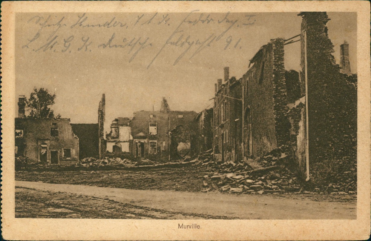 vergrößern: Bildseite historische Ansichtskarte von 1917: WK1 Militaria zerstörte Stadt Frankreich:: Murville