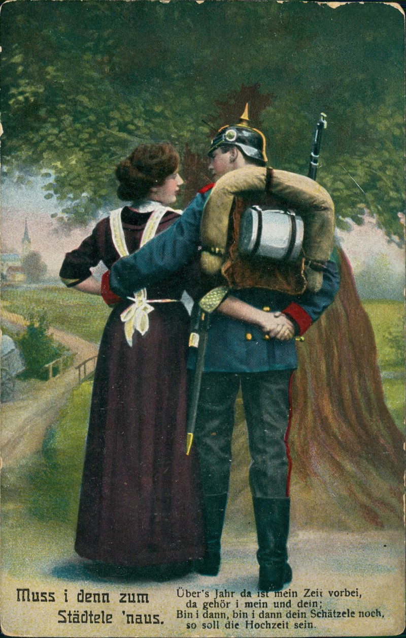 vergrößern: Bildseite historische Ansichtskarte von 1916: Muss i denn zum Städtele