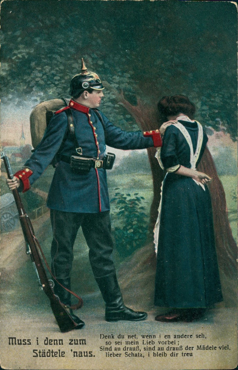 vergrößern: Bildseite historische Ansichtskarte von 1916: Muss i denn zum Städtele